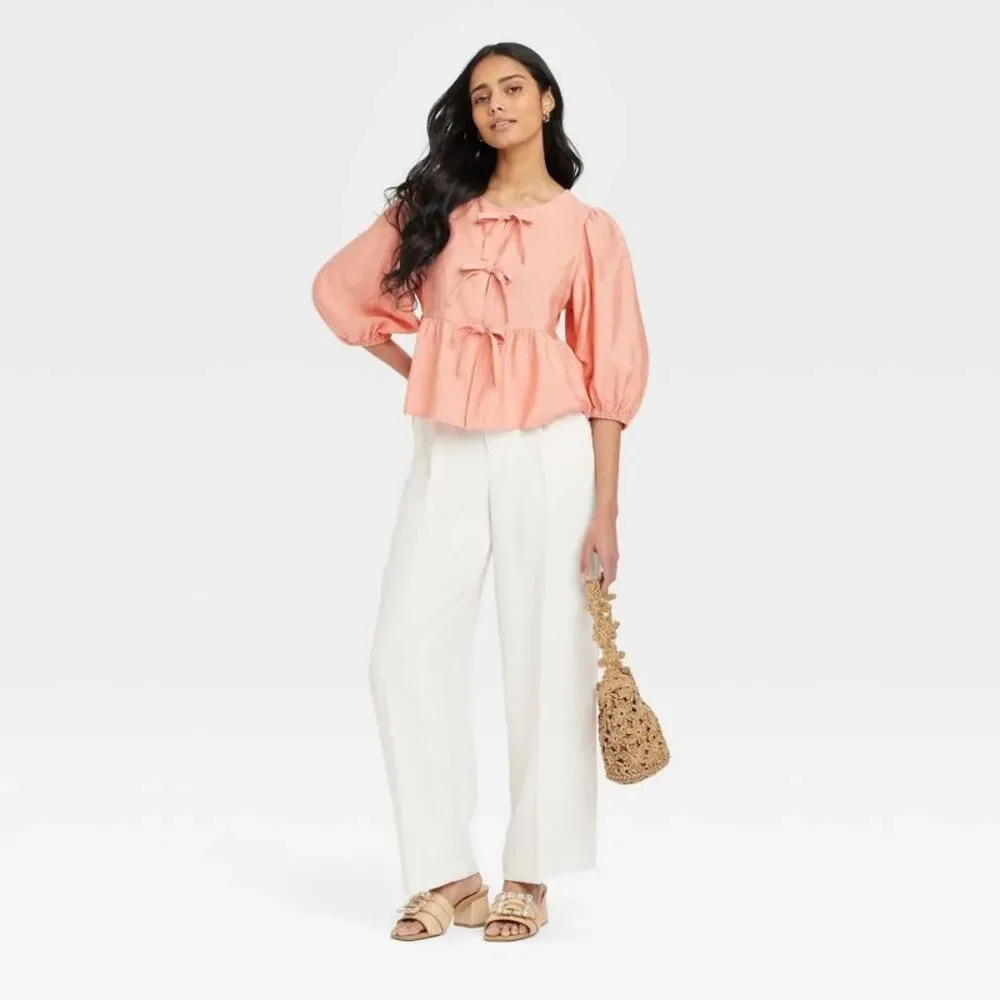 a new day Peach Tie-Front Peplum Tunic Top - Picture 3 of 3